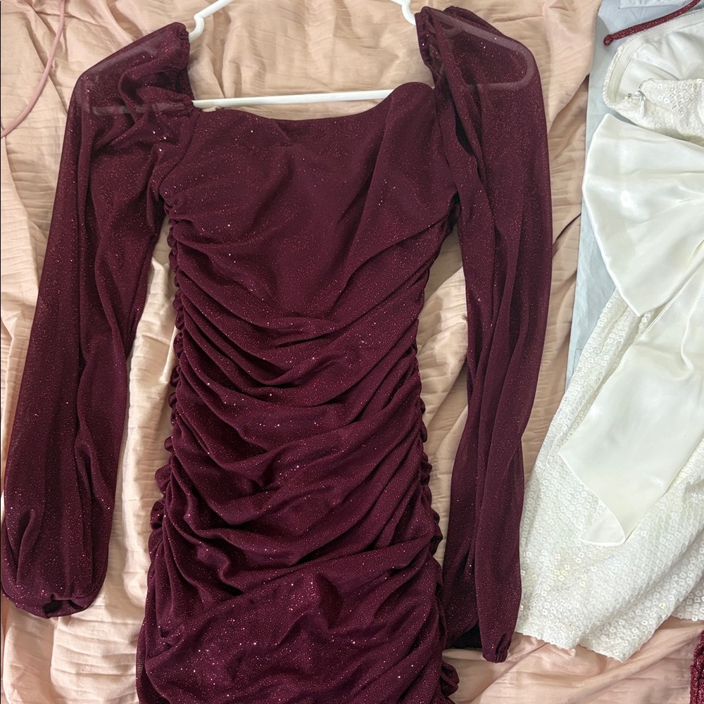 Burgundy Ruched Long Sleeve Dress